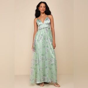 Lulus DELIGHTFUL INVITATION Green Floral Tulle Sleeveless Maxi Dress